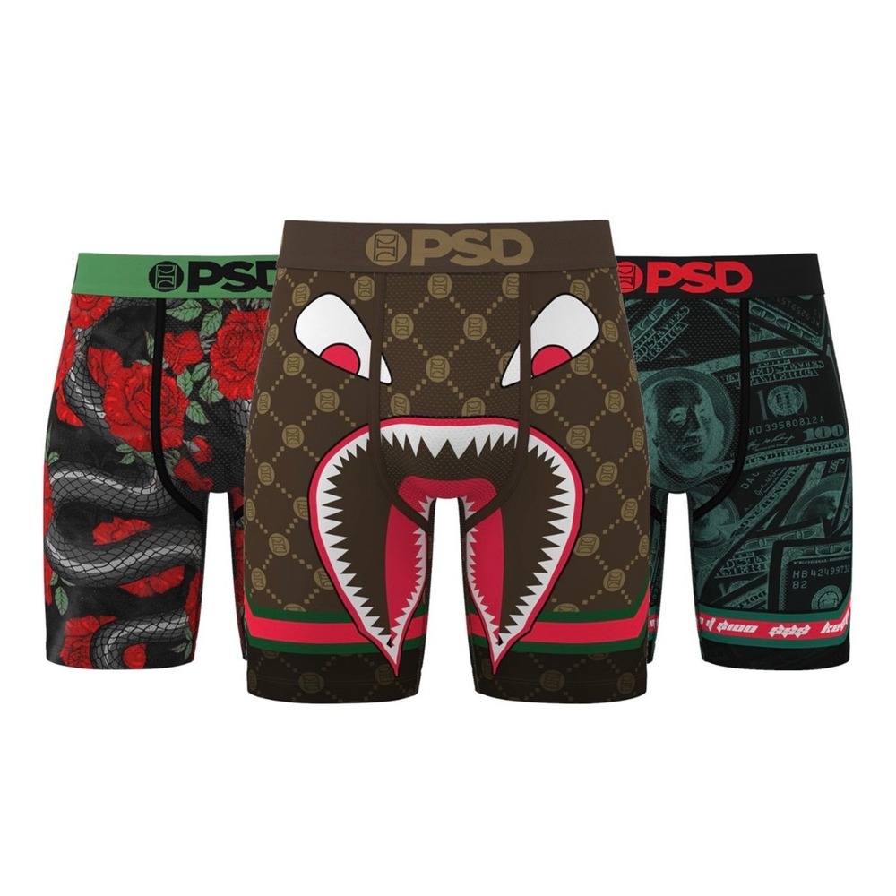 PSD Mens 3 Pack Premium Boxer Briefs Lux Loot Shark Snake Money Multi Color M